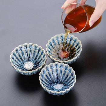 Ceașcă ceramică pentru ceai cu glazură păun, design lotus vintage, singură ceașcă de ceai