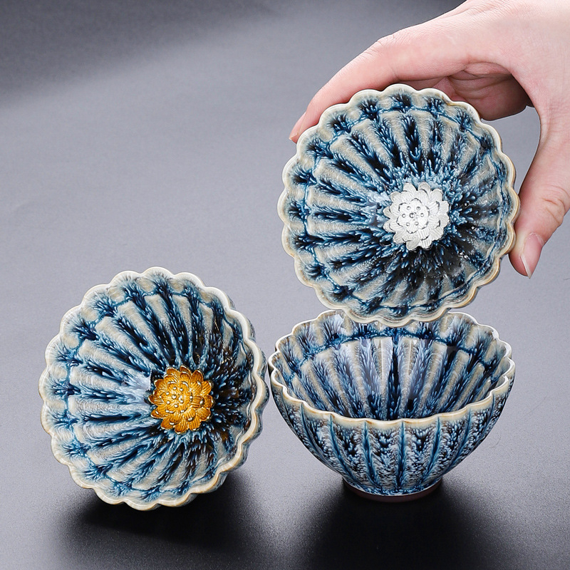 Ceașcă ceramică pentru ceai cu glazură păun, design lotus vintage, singură ceașcă de ceai