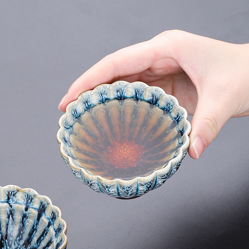 Ceașcă ceramică pentru ceai cu glazură păun, design lotus vintage, singură ceașcă de ceai