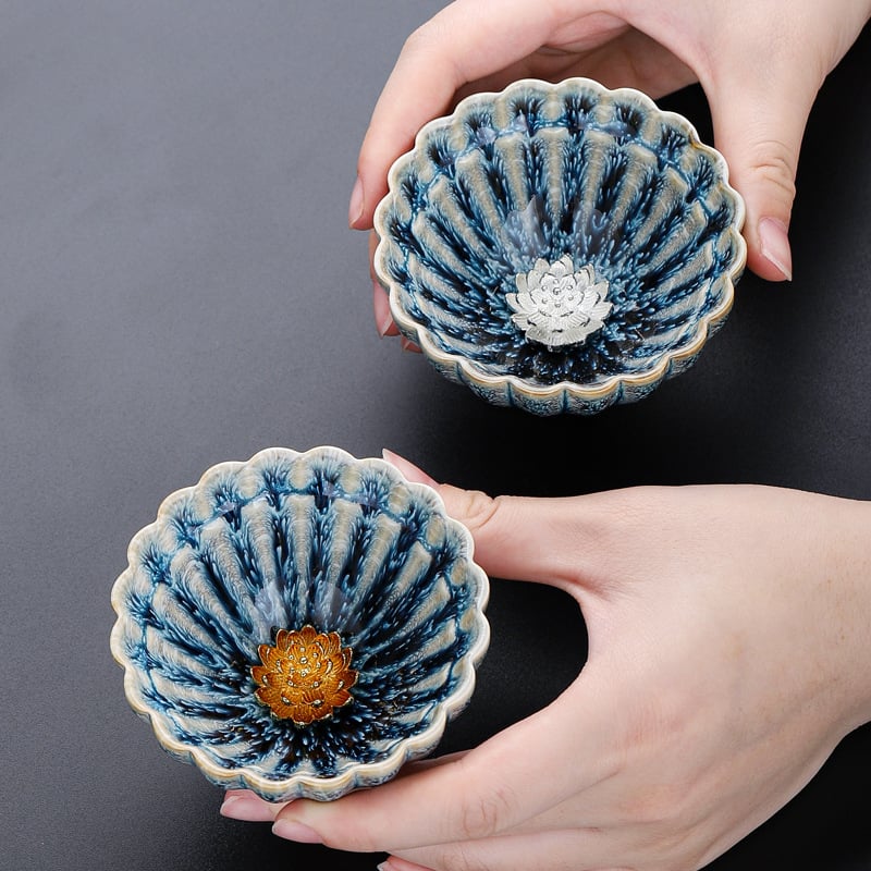 Ceașcă ceramică pentru ceai cu glazură păun, design lotus vintage, singură ceașcă de ceai