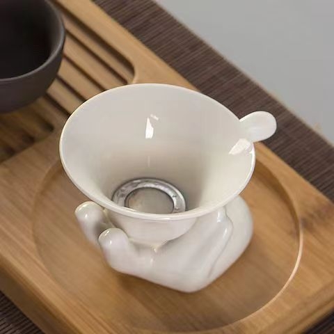 Set filtru de ceai din porțelan alb Dehua, filtru din oțel inoxidabil și suport inferior, set Kung Fu pentru uz casnic