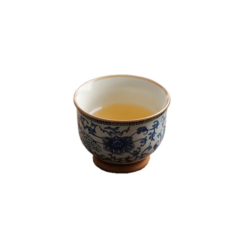 Ceașcă mare de ceai din porțelan, cu motiv lotus, Ru Kiln, albastru și alb