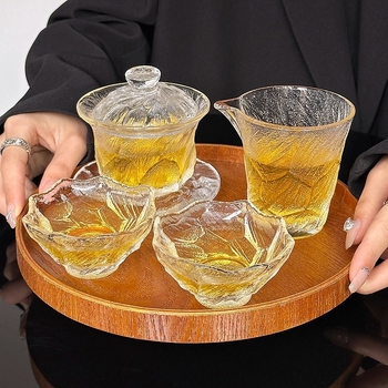 Ceșuță de ceai din sticlă cu capac și farfurie, set de ceai în stil japonez Kung Fu, accesorii pentru degustare de ceai