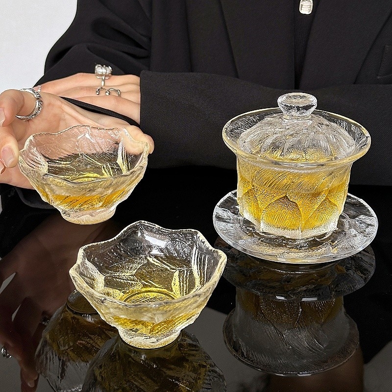 Ceșuță de ceai din sticlă cu capac și farfurie, set de ceai în stil japonez Kung Fu, accesorii pentru degustare de ceai