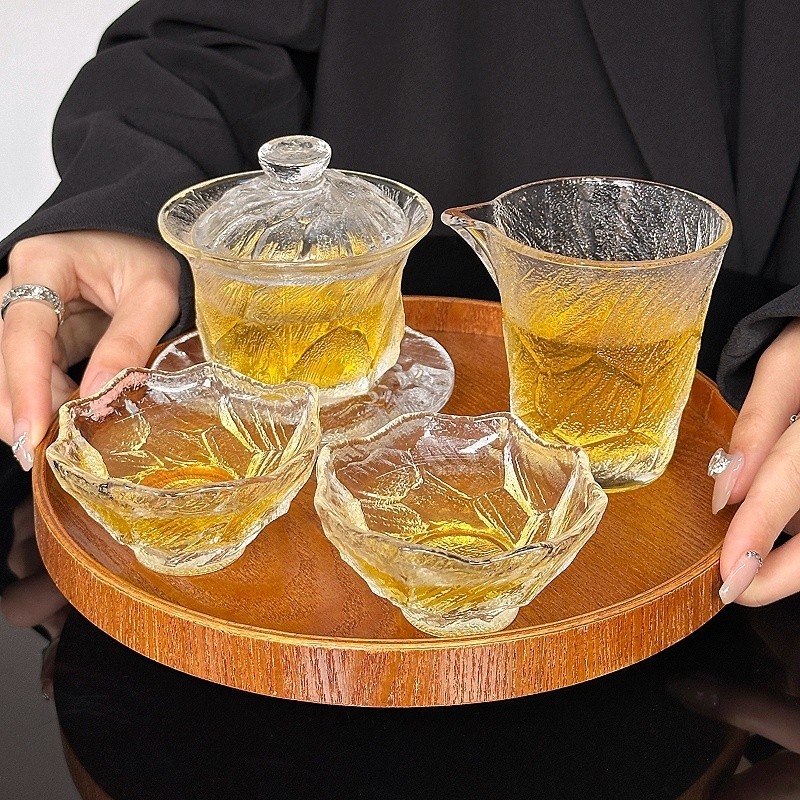 Ceșuță de ceai din sticlă cu capac și farfurie, set de ceai în stil japonez Kung Fu, accesorii pentru degustare de ceai