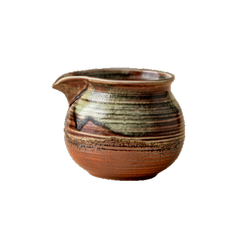 Set de ceai din ceramică, lucrat manual, cu glazură arsă pe lemn, în stil antic, include cupa de distribuție a ceaiului și un recipient pentru ceai pentru ceremonia Gongfu.