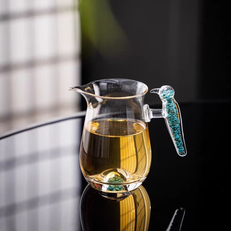 Pahar de ceai din sticlă cristal turcoaz, lucrat manual, pentru casă și birou, gros și rezistent la căldură, cu motiv de pasăre