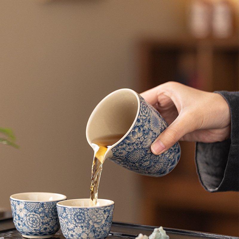 Tavă de ceai din porțelan galben-azuriu, cu ceașcă de măsurare și separator pentru ceai, ceramică rezistentă la temperaturi înalte