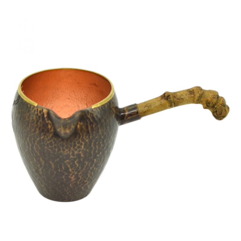 Set accesorii ceai cu mâner din bambus din cupru roșu — stil vintage, filtru de ceai, ceșcuță pentru distribuție uniformă, ceașcă mare de ceai