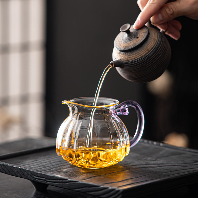 Set de ceai din sticlă borosilicată, în formă de lotus, cu tavă pentru ceai și ceașcă pentru distribuție uniformă a ceaiului