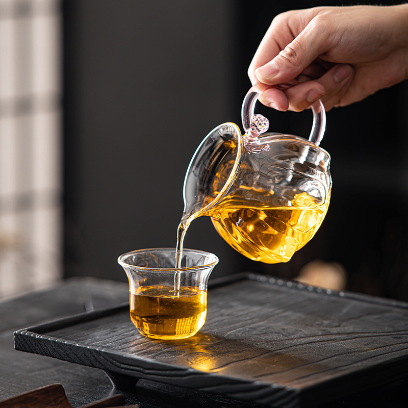 Set de ceai din sticlă borosilicată, în formă de lotus, cu tavă pentru ceai și ceașcă pentru distribuție uniformă a ceaiului