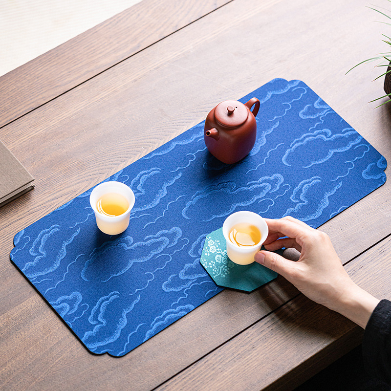 Set impermeabil de accesorii pentru ceai cu țesătură jacquard: covoraș mic pentru ceai, covoraș cu bule uscate, față de masă pentru ceai, țesătură Zen și covoraș pentru cească