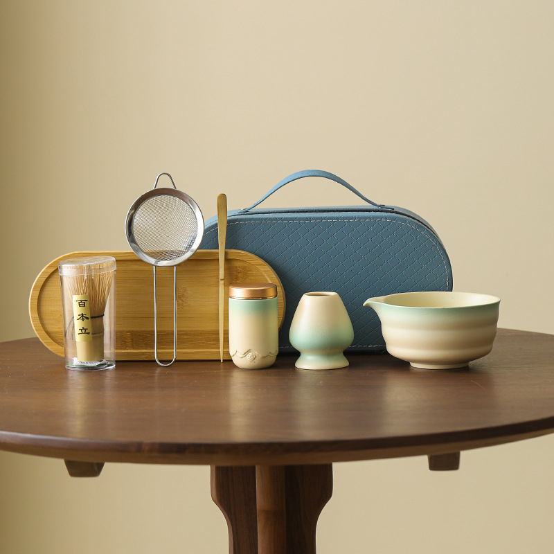 Vas de matcha în stil japonez, ceramic, set portabil de ceai cu unelte, bețișor/tel ceramic pentru matcha, suport, ceașcă de matcha, set pudră de matcha