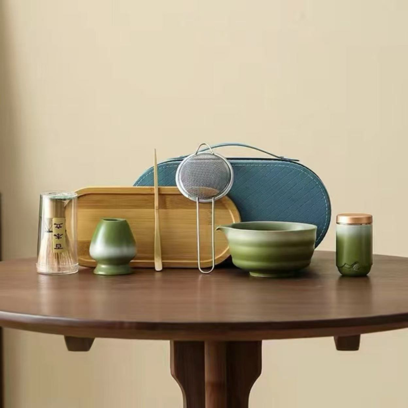 Vas de matcha în stil japonez, ceramic, set portabil de ceai cu unelte, bețișor/tel ceramic pentru matcha, suport, ceașcă de matcha, set pudră de matcha