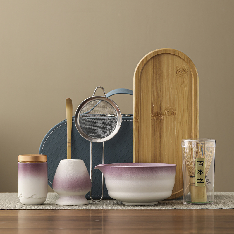 Vas de matcha în stil japonez, ceramic, set portabil de ceai cu unelte, bețișor/tel ceramic pentru matcha, suport, ceașcă de matcha, set pudră de matcha