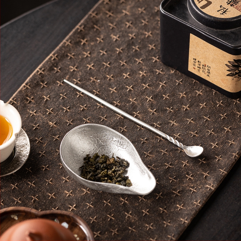 Set de ceai Zen retro, realizat manual din tin, cu frunze de lotus, linguriță de ceai și accesorii pentru ceremonia ceaiului