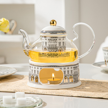 Set ceramic pentru ceainic cu flori, suport pentru lumânare și încălzitor din sticlă pentru ceai de fructe – ceai de după-amiază