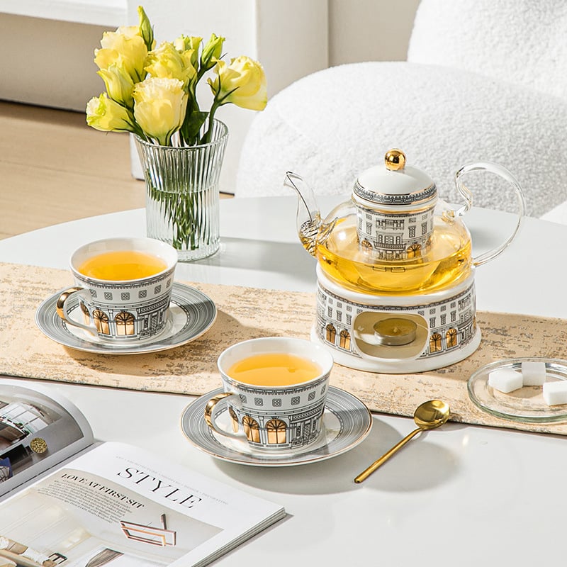 Set ceramic pentru ceainic cu flori, suport pentru lumânare și încălzitor din sticlă pentru ceai de fructe – ceai de după-amiază
