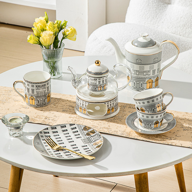 Set ceramic pentru ceainic cu flori, suport pentru lumânare și încălzitor din sticlă pentru ceai de fructe – ceai de după-amiază