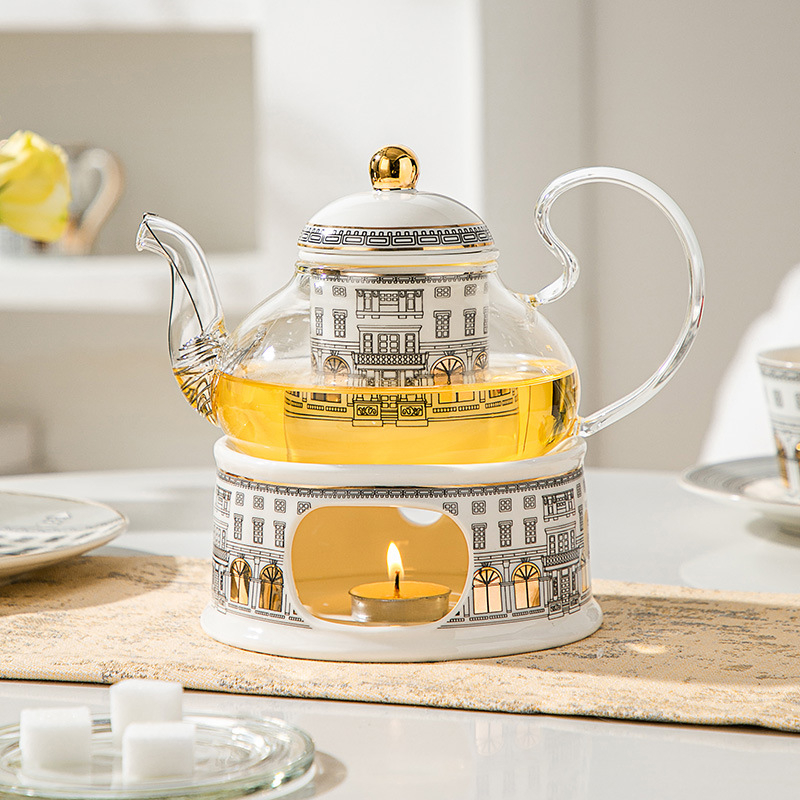 Set ceramic pentru ceainic cu flori, suport pentru lumânare și încălzitor din sticlă pentru ceai de fructe – ceai de după-amiază