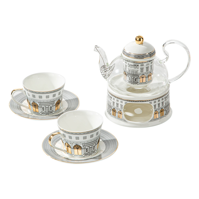 Set ceramic pentru ceainic cu flori, suport pentru lumânare și încălzitor din sticlă pentru ceai de fructe – ceai de după-amiază