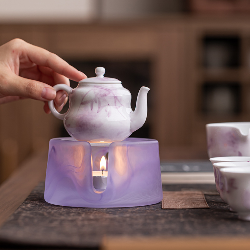 Set de ceainic pictat manual Twilight Purple Heart pentru uz casnic, include ceainic, cești și bază încălzitoare cu lumânare