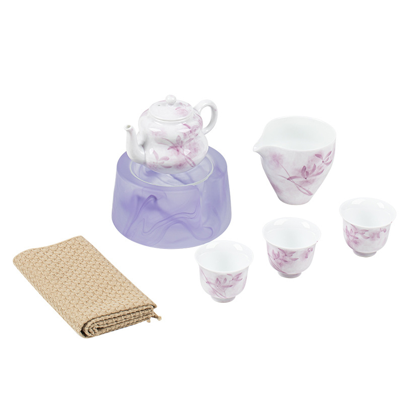 Set de ceainic pictat manual Twilight Purple Heart pentru uz casnic, include ceainic, cești și bază încălzitoare cu lumânare