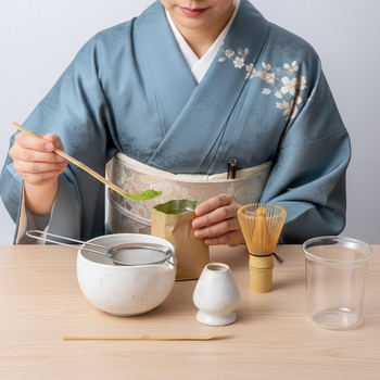 Set de ceai Matcha în stil japonez, ceramică cu gravură florală, șase piese pentru ceremonia ceaiului