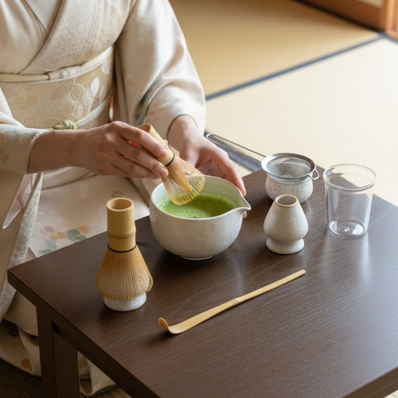 Set de ceai Matcha în stil japonez, ceramică cu gravură florală, șase piese pentru ceremonia ceaiului