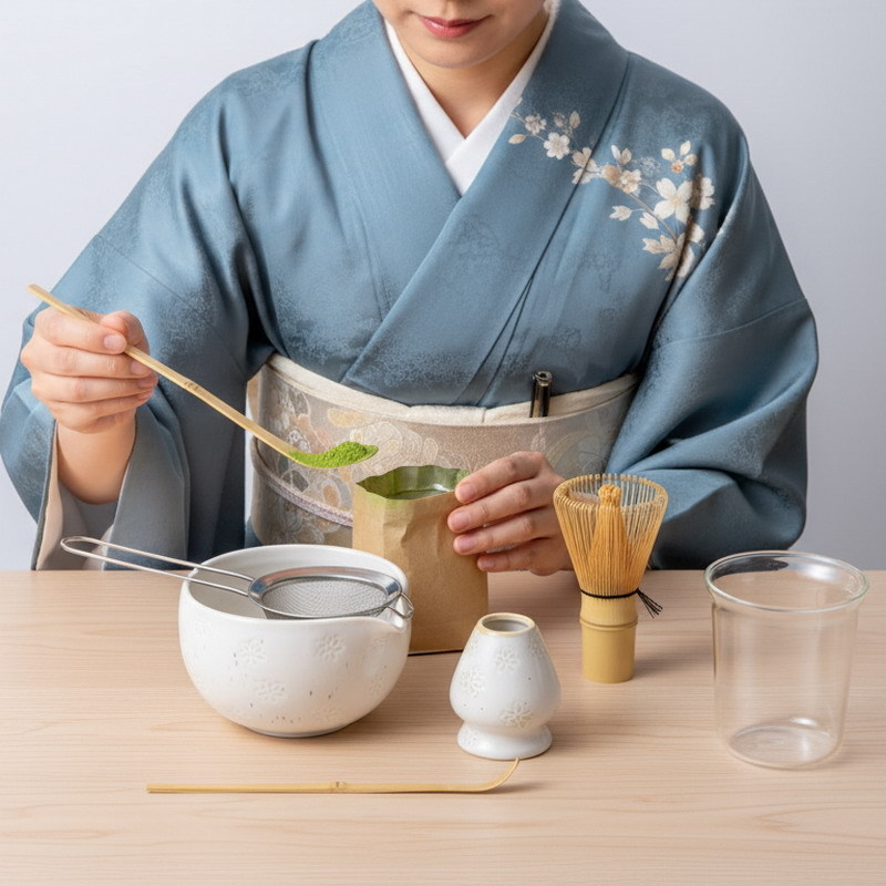 Set de ceai Matcha în stil japonez, ceramică cu gravură florală, șase piese pentru ceremonia ceaiului