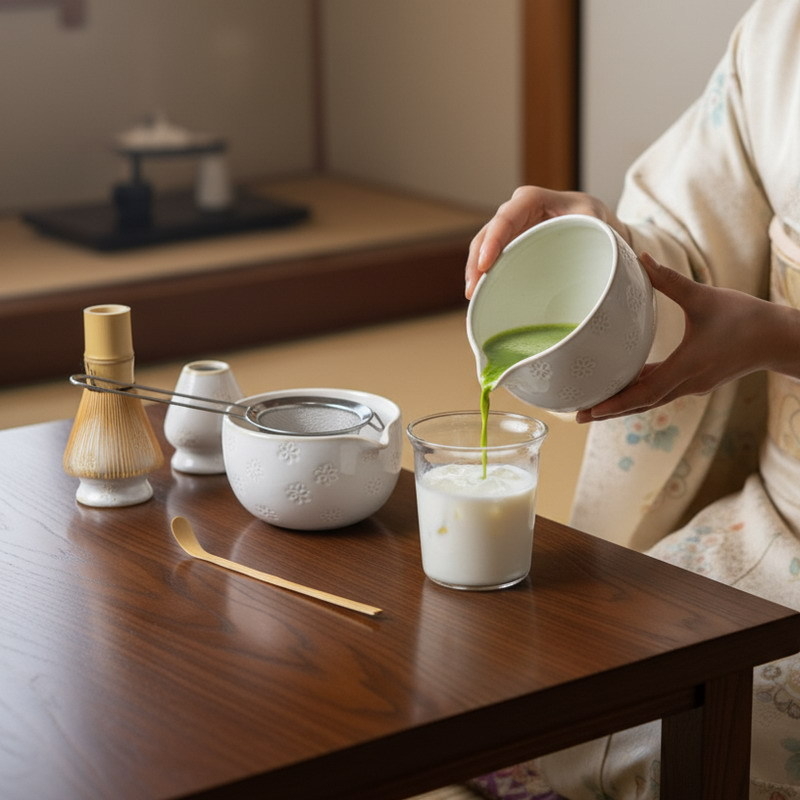 Set de ceai Matcha în stil japonez, ceramică cu gravură florală, șase piese pentru ceremonia ceaiului
