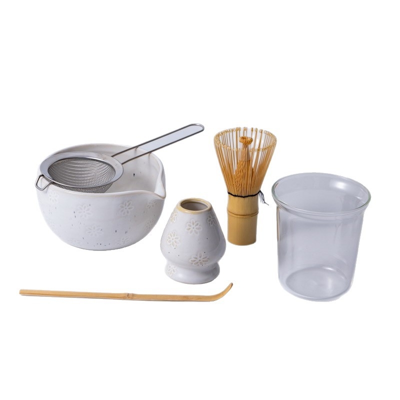 Set de ceai Matcha în stil japonez, ceramică cu gravură florală, șase piese pentru ceremonia ceaiului