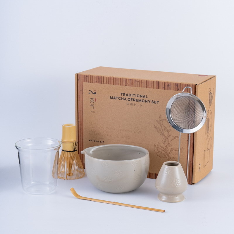 Set de ceai Matcha în stil japonez, ceramică cu gravură florală, șase piese pentru ceremonia ceaiului
