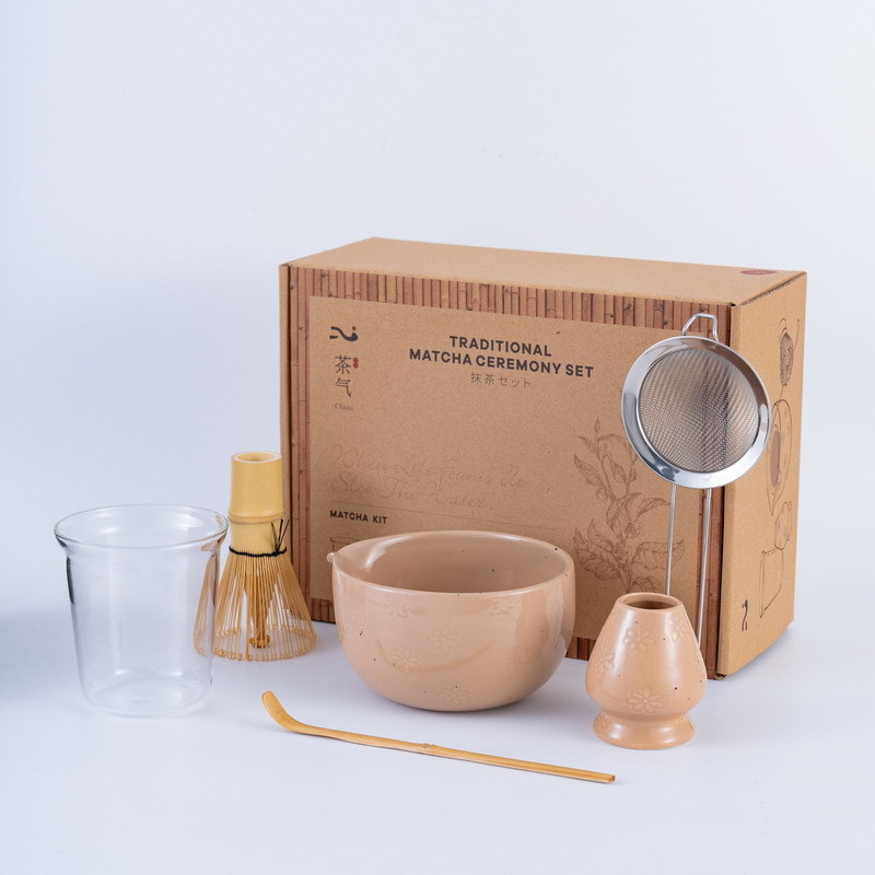 Set de ceai Matcha în stil japonez, ceramică cu gravură florală, șase piese pentru ceremonia ceaiului