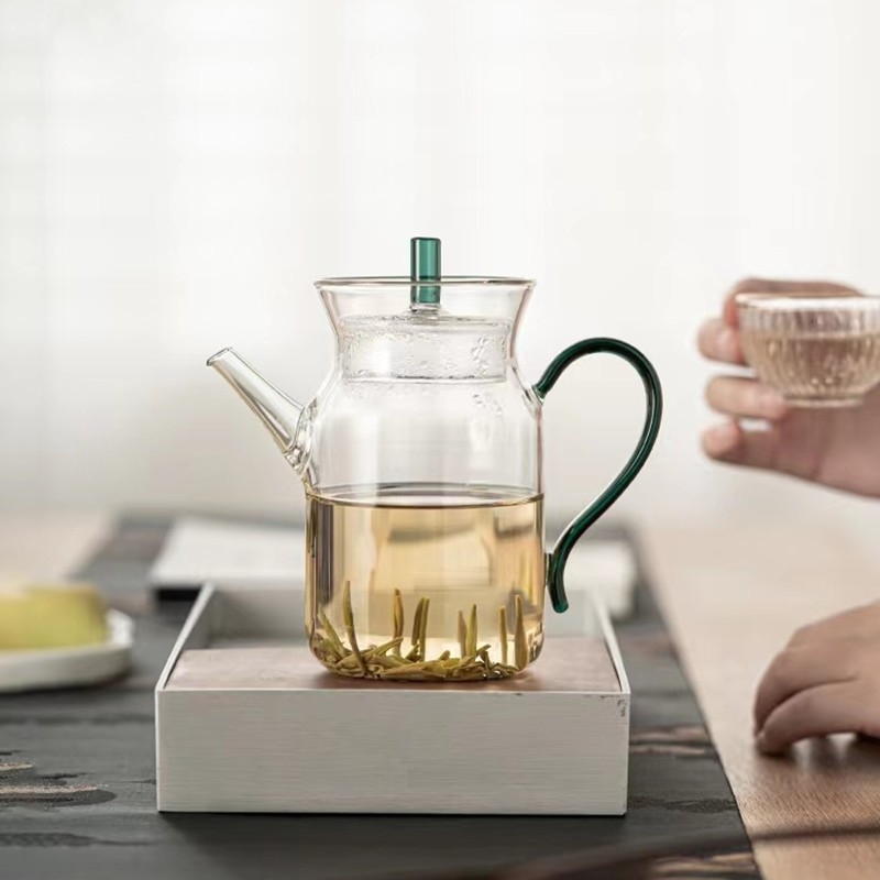 Ceainic de sticlă pentru ceai verde și negru, inspirat din dinastia Song, rezistent la temperaturi, design minimalist floral
