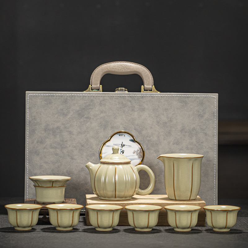 Set Kung Fu ceai cu formă de petală, ceramic Ru Kiln, pentru uz casnic, ceainic și cești în stil chinezesc
