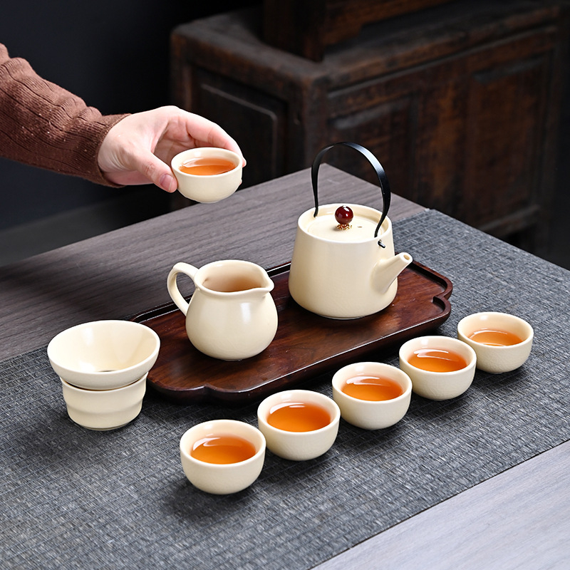 Set ceai ceramic galben Ru Kiln cu mâner — set Gongfu complet, cești, într-o cutie cadou