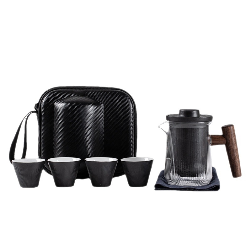 Set ceramic exterior pentru ceai cu ceainic și patrucești – compact pentru călătorie, pentru patru persoane, protecție la arsură