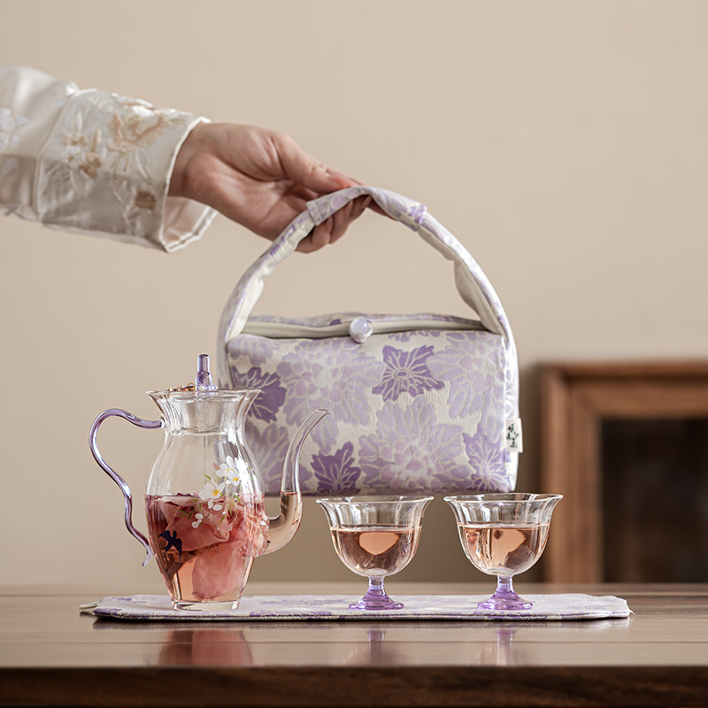 Primăvara Narcisului: Set Gong Fu din sticlă pentru uz casnic, cu husă mov de depozitare, un ceainic și două cești, pentru infuzarea frunzelor de ceai și călătorii