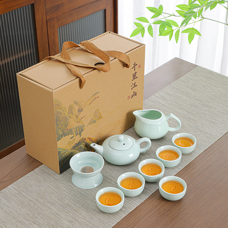 Set ceai ceramic Kung Fu Dingyao în cutie cadou, portabil pentru casă și birou, personalizabil, glazură colorată, calitate de primă clasă