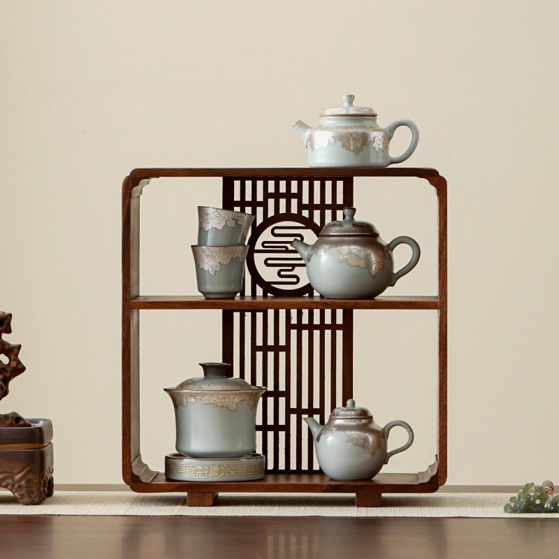 Set de ceai din porțelan Shengbai, cu motiv filigran argintiu în stil bujor chinezesc, ceramic, portabil, cu o ceainică și două cești