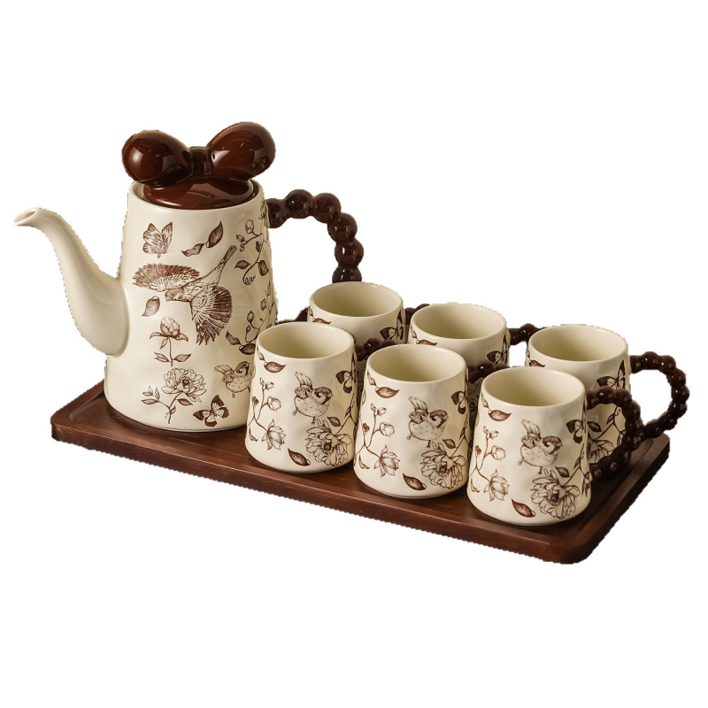 Set ceainic cu flori, cadou – ceramic, cu tavă și cești, pentru 4 persoane