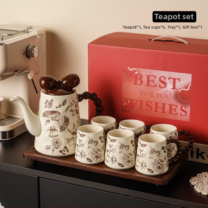 Set ceainic cu flori, cadou – ceramic, cu tavă și cești, pentru 4 persoane