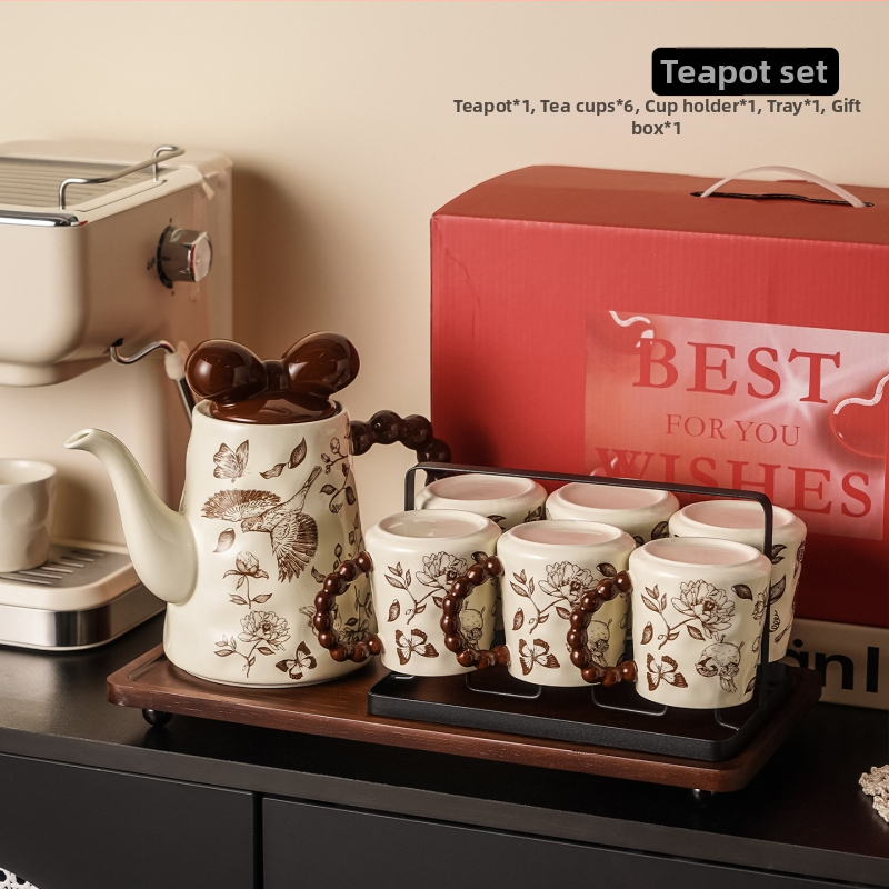 Set ceainic cu flori, cadou – ceramic, cu tavă și cești, pentru 4 persoane