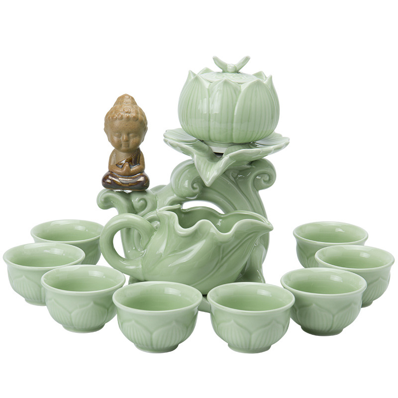 Set de ceai semi-automat pentru uz casnic, ceainic și ceașcă din ceramică, design cu măcinare din piatră, modern și simplu, set rotativ Kung Fu pentru ceai