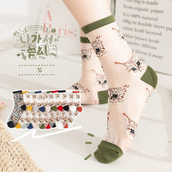 Ženske prozirne čarape s karikataturom mačke, srednja dužina, japansko-korejski stil, proljeće-ljeto, ultra tanko