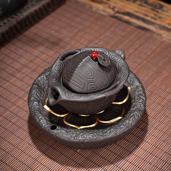 Ceainic din lut mov, mâner în formă de carapace de țestoasă, lucrat manual în stil kung fu, izolație termică