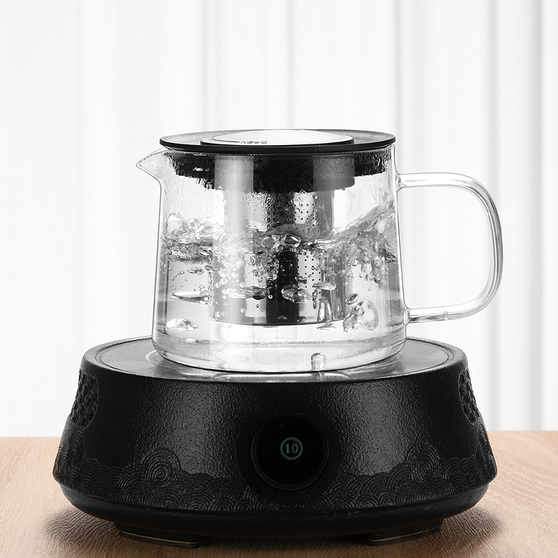 Ceainic din sticlă borosilicat de înaltă calitate, cu filtru din oțel inoxidabil, pentru infuzarea ceaiului înflorit; compatibil cu plita ceramică electrică.