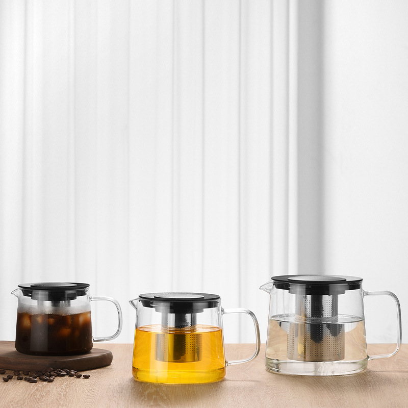 Ceainic din sticlă borosilicat de înaltă calitate, cu filtru din oțel inoxidabil, pentru infuzarea ceaiului înflorit; compatibil cu plita ceramică electrică.