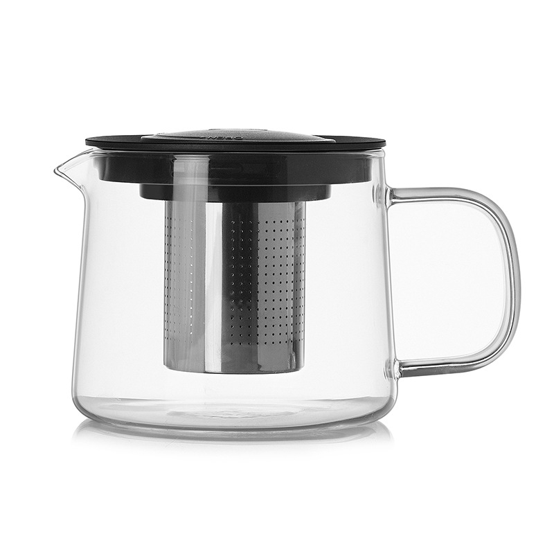 Ceainic din sticlă borosilicat de înaltă calitate, cu filtru din oțel inoxidabil, pentru infuzarea ceaiului înflorit; compatibil cu plita ceramică electrică.